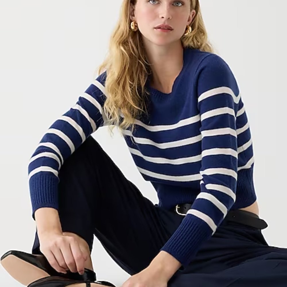 J. Crew Cashmere Striped Crop Sweater Navy and White Size S